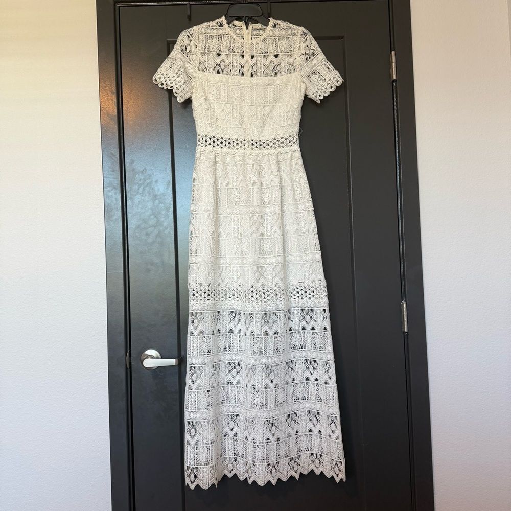 Alexis White Crochet Short Sleeve Lace Midi Dress Size Small